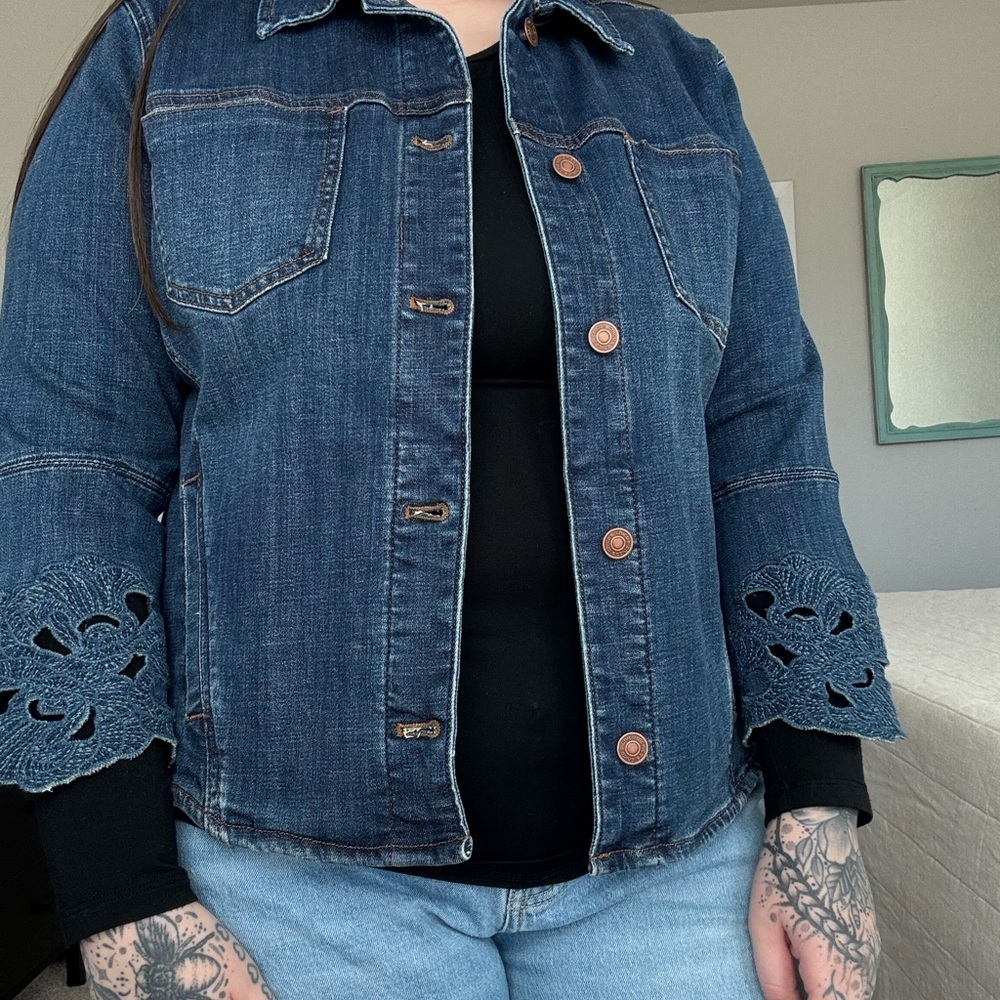 Chico's Blue Jean Jacket with Lace Sleeves - Picture 1 of 11